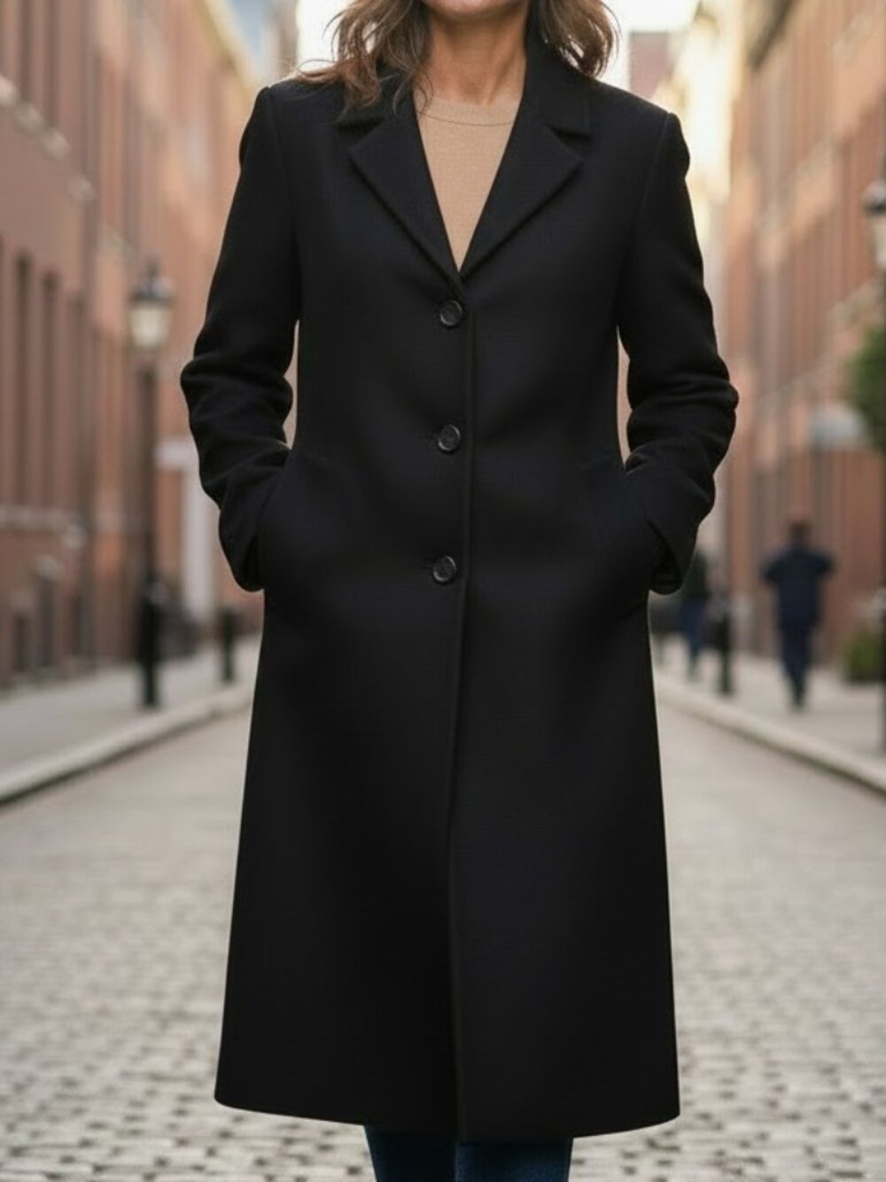 Stephanie Mathew’s Long Black Wool Coat